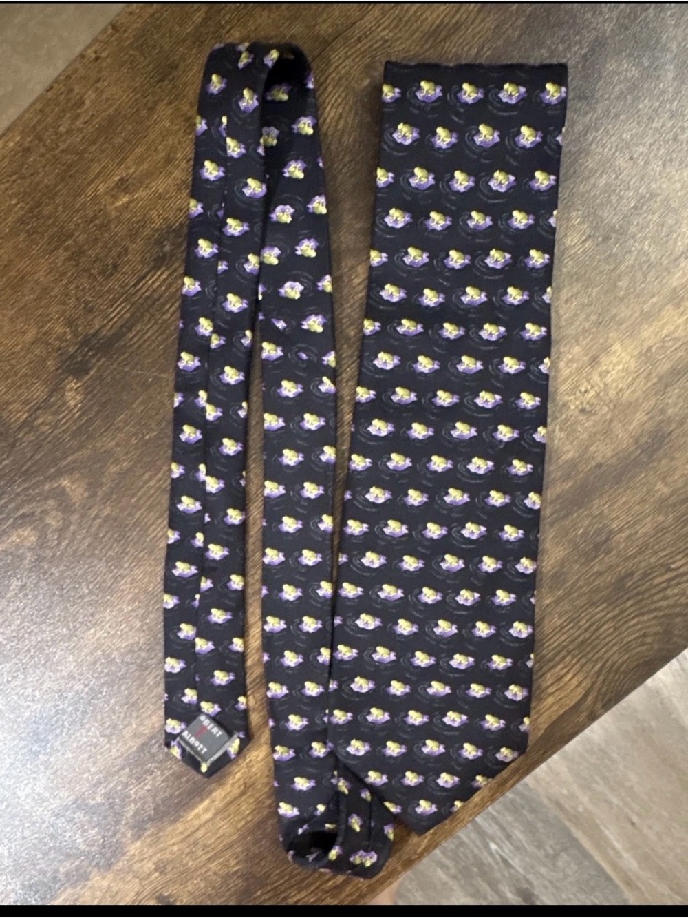 Robert Talbott Black Silk Tie with Yellow, White, and Purple Frogs